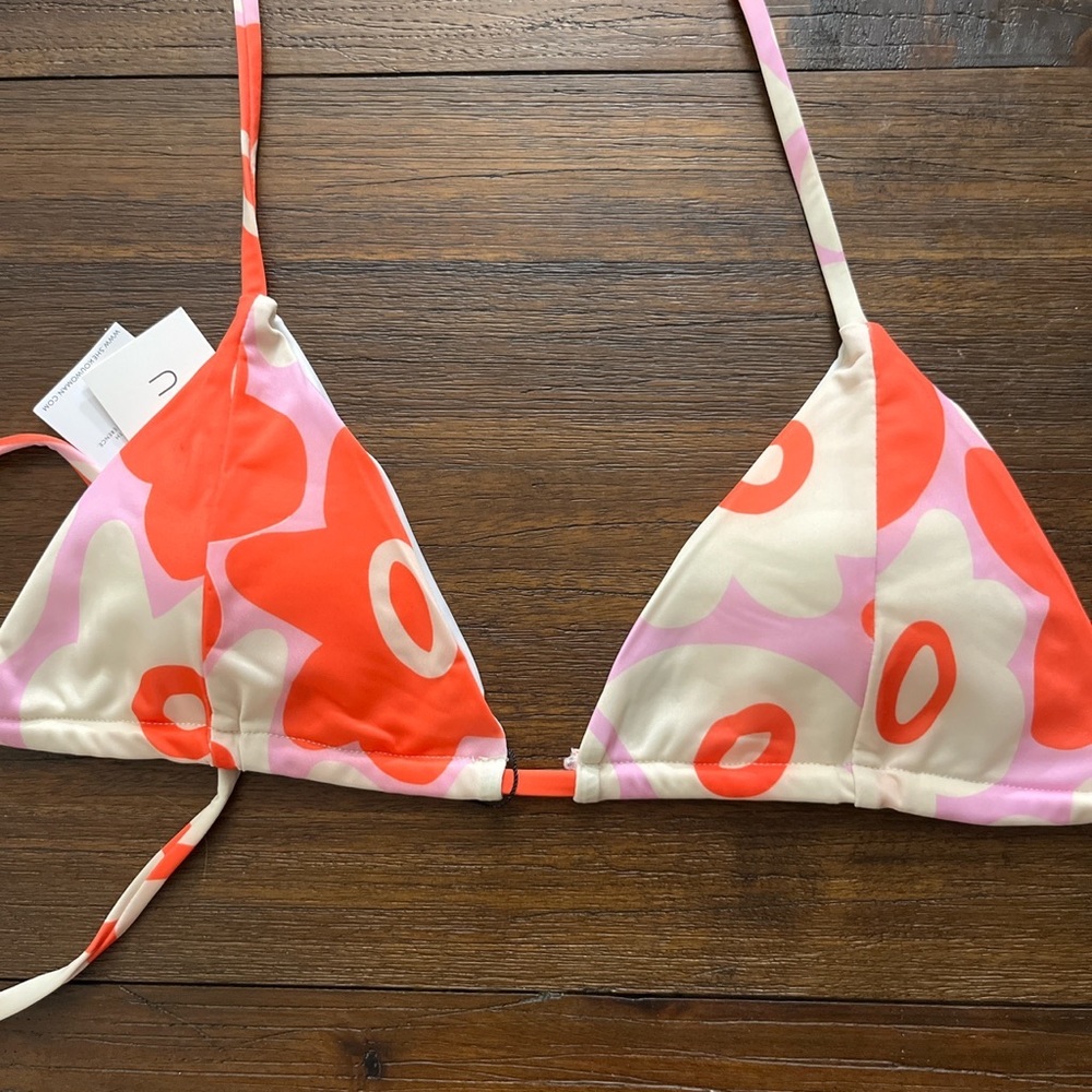 SHEKOU Abstract Pink and Orange Floral Triangle Cut Bikini Top with Tie Straps